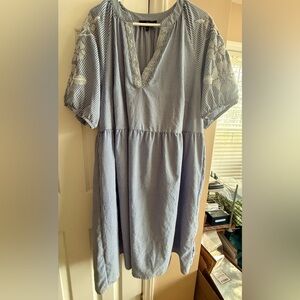 Blue and White Striped Puff Sleeve Dress